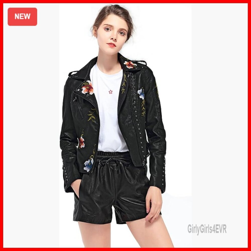 Faux Leather Moto Jacket with Floral Embroidery, Relaxed Fit